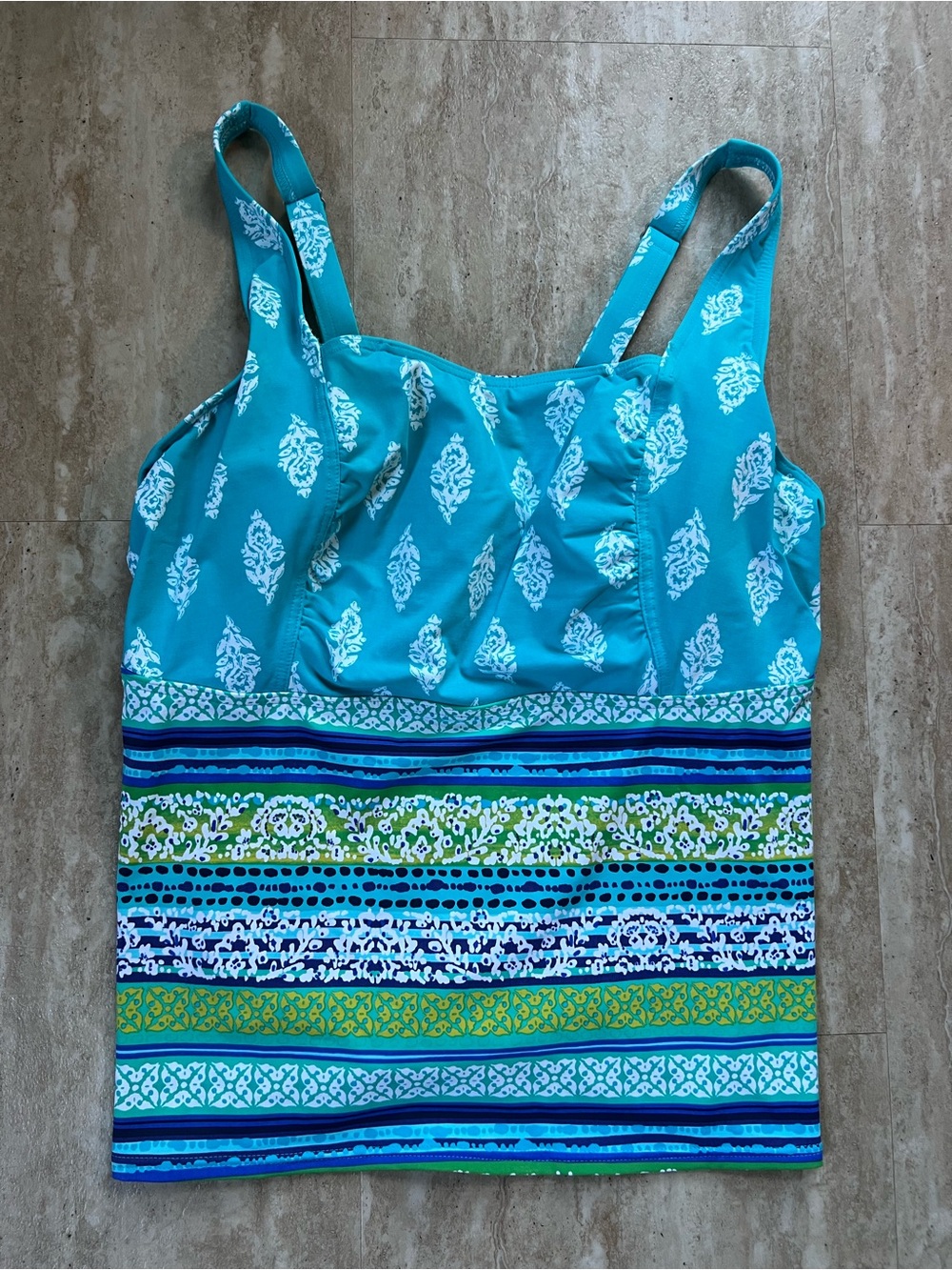 Lands' End Teal Patterned Green Swim Tank Striped Border Underwire 18W